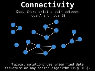 Connectivity
Typical solution: Use union find data
structure or any search algorithm (e.g DFS).
Does there exist a path between
node A and node B?
 