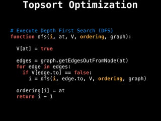 # Execute Depth First Search (DFS)
function dfs(i, at, V, ordering, graph):
V[at] = true
edges = graph.getEdgesOutFromNode(at)
for edge in edges:
if V[edge.to] == false:
i = dfs(i, edge.to, V, ordering, graph)
ordering[i] = at
return i - 1
Topsort Optimization
 