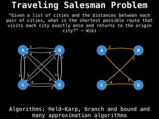 Traveling Salesman Problem
Algorithms: Held-Karp, branch and bound and
many approximation algorithms
"Given a list of cities and the distances between each
pair of cities, what is the shortest possible route that
visits each city exactly once and returns to the origin
city?” - Wiki
A
C
B
D
4
9
1
3
6 11
4 1
2
6
5
-4
A
C
B
D
9
3
1
-4
 