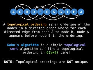 H
I J
K
A C B D F E G
A topological ordering is an ordering of the
nodes in a directed graph where for each
directed edge from node A to node B, node A
appears before node B in the ordering.
NOTE: Topological orderings are NOT unique.
Kahn’s algorithm is a simple topological
sort algorithm can find a topological
ordering in O(V+E) time!
 