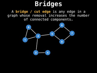 Bridges
A bridge / cut edge is any edge in a
graph whose removal increases the number
of connected components.
0
1
2
5
3
6
4
8
7
 