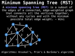 A
E
D
F G
B
H
I
C
J
5
2
9
1
2
1
5
7
4
6
1
0
8
4
4
2
1
1
Minimum Spanning Tree (MST)
Algorithms: Kruskal’s, Prim’s & Borůvka's algorithm
A minimum spanning tree (MST) is a subset of
the edges of a connected, edge-weighted graph
that connects all the vertices together,
without any cycles and with the minimum
possible total edge weight. - Wiki
 
