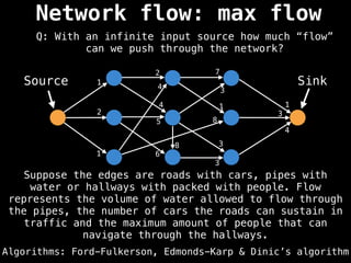 Network flow: max flow
Algorithms: Ford-Fulkerson, Edmonds-Karp & Dinic’s algorithm
1
2
1
8
4
2
1
3
4
5
6
3
3
7
1
4
3
8
Source Sink
Q: With an infinite input source how much “flow”
can we push through the network?
Suppose the edges are roads with cars, pipes with
water or hallways with packed with people. Flow
represents the volume of water allowed to flow through
the pipes, the number of cars the roads can sustain in
traffic and the maximum amount of people that can
navigate through the hallways.
 