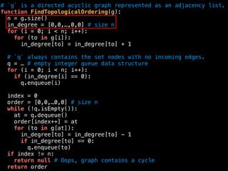 # `g` is a directed acyclic graph represented as an adjacency list.
function FindTopologicalOrdering(g):
n = g.size()
in_degree = [0,0,…,0,0] # size n
for (i = 0; i < n; i++):
for (to in g[i]):
in_degree[to] = in_degree[to] + 1
# `q` always contains the set nodes with no incoming edges.
q = … # empty integer queue data structure
for (i = 0; i < n; i++):
if (in_degree[i] == 0):
q.enqueue(i)
index = 0
order = [0,0,…0,0] # size n
while (!q.isEmpty()):
at = q.dequeue()
order[index++] = at
for (to in g[at]):
in_degree[to] = in_degree[to] - 1
if in_degree[to] == 0:
q.enqueue(to)
if index != n:
return null # Oops, graph contains a cycle
return order
 