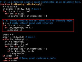 # `g` is a directed acyclic graph represented as an adjacency list.
function FindTopologicalOrdering(g):
n = g.size()
in_degree = [0,0,…,0,0] # size n
for (i = 0; i < n; i++):
for (to in g[i]):
in_degree[to] = in_degree[to] + 1
# `q` always contains the set nodes with no incoming edges.
q = … # empty integer queue data structure
for (i = 0; i < n; i++):
if (in_degree[i] == 0):
q.enqueue(i)
index = 0
order = [0,0,…0,0] # size n
while (!q.isEmpty()):
at = q.dequeue()
order[index++] = at
for (to in g[at]):
in_degree[to] = in_degree[to] - 1
if in_degree[to] == 0:
q.enqueue(to)
if index != n:
return null # Oops, graph contains a cycle
return order
 