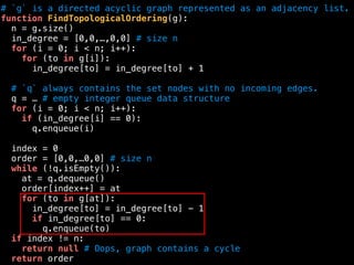 # `g` is a directed acyclic graph represented as an adjacency list.
function FindTopologicalOrdering(g):
n = g.size()
in_degree = [0,0,…,0,0] # size n
for (i = 0; i < n; i++):
for (to in g[i]):
in_degree[to] = in_degree[to] + 1
# `q` always contains the set nodes with no incoming edges.
q = … # empty integer queue data structure
for (i = 0; i < n; i++):
if (in_degree[i] == 0):
q.enqueue(i)
index = 0
order = [0,0,…0,0] # size n
while (!q.isEmpty()):
at = q.dequeue()
order[index++] = at
for (to in g[at]):
in_degree[to] = in_degree[to] - 1
if in_degree[to] == 0:
q.enqueue(to)
if index != n:
return null # Oops, graph contains a cycle
return order
 