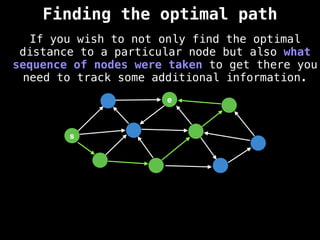 Finding the optimal path
s
e
If you wish to not only find the optimal
distance to a particular node but also what
sequence of nodes were taken to get there you
need to track some additional information.
 