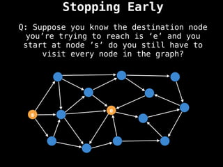 Stopping Early
Q: Suppose you know the destination node
you’re trying to reach is ‘e’ and you
start at node ’s’ do you still have to
visit every node in the graph?
s
e
 