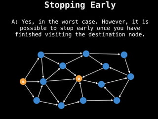 A: Yes, in the worst case. However, it is
possible to stop early once you have
finished visiting the destination node.
Stopping Early
s
e
 