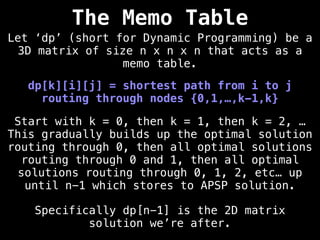 dp[k][i][j] = shortest path from i to j
routing through nodes {0,1,…,k-1,k}
Start with k = 0, then k = 1, then k = 2, …
This gradually builds up the optimal solution
routing through 0, then all optimal solutions
routing through 0 and 1, then all optimal
solutions routing through 0, 1, 2, etc… up
until n-1 which stores to APSP solution.
Let ‘dp’ (short for Dynamic Programming) be a
3D matrix of size n x n x n that acts as a
memo table.
The Memo Table
Specifically dp[n-1] is the 2D matrix
solution we’re after.
 