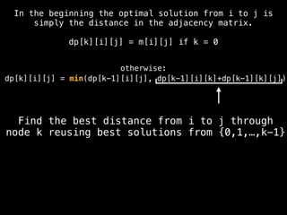 dp[k][i][j] = min(dp[k-1][i][j], dp[k-1][i][k]+dp[k-1][k][j])
Find the best distance from i to j through
node k reusing best solutions from {0,1,…,k-1}
In the beginning the optimal solution from i to j is
simply the distance in the adjacency matrix.
dp[k][i][j] = m[i][j] if k = 0
otherwise:
 