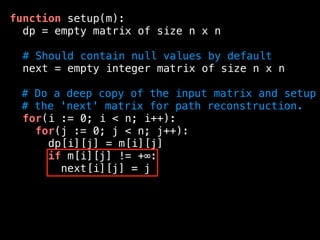 function setup(m):
dp = empty matrix of size n x n
# Should contain null values by default
next = empty integer matrix of size n x n
# Do a deep copy of the input matrix and setup
# the 'next' matrix for path reconstruction.
for(i := 0; i < n; i++):
for(j := 0; j < n; j++):
dp[i][j] = m[i][j]
if m[i][j] != +∞:
next[i][j] = j
 