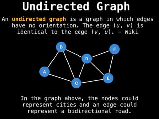 Undirected Graph
An undirected graph is a graph in which edges
have no orientation. The edge (u, v) is
identical to the edge (v, u). - Wiki
B
A
C
D
E
F
In the graph above, the nodes could
represent cities and an edge could
represent a bidirectional road.
 