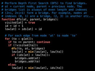 # Perform Depth First Search (DFS) to find bridges.
# at = current node, parent = previous node. The
# bridges list is always of even length and indexes
# (2*i, 2*i+1) form a bridge. For example, nodes at
# indexes (0, 1) are a bridge, (2, 3) is another etc...
function dfs(at, parent, bridges):
visited[at] = true
id = id + 1
low[at] = ids[at] = id
# For each edge from node ‘at’ to node ‘to’
for (to : g[at]):
if to == parent: continue
if (!visited[to]):
dfs(to, at, bridges)
low[at] = min(low[at], low[to])
if (ids[at] < low[to]):
bridges.add(at)
bridges.add(to)
else:
low[at] = min(low[at], ids[to])
 