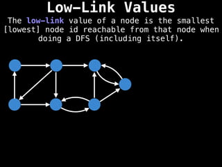 Low-Link Values
The low-link value of a node is the smallest
[lowest] node id reachable from that node when
doing a DFS (including itself).
 