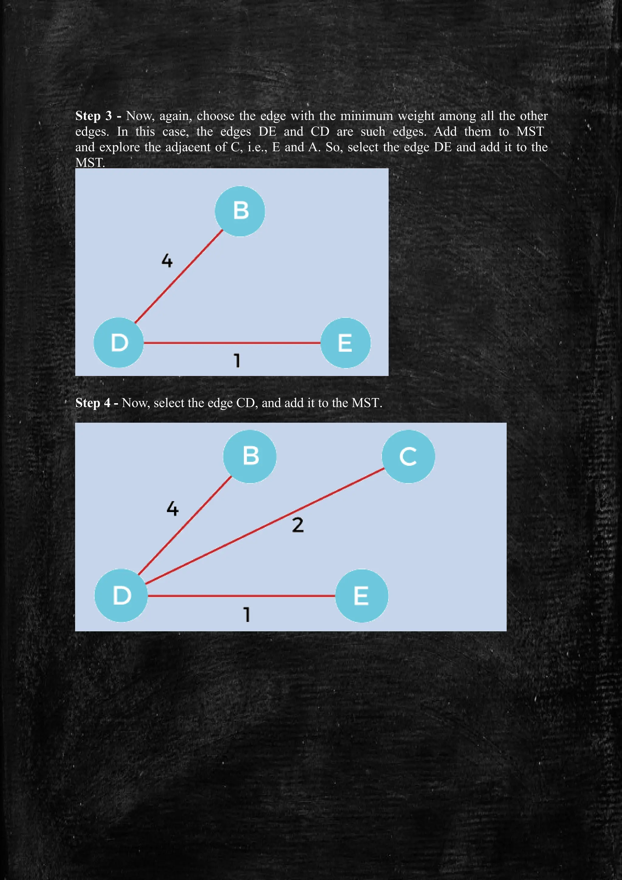 Step 3 - Now, again, choose the edge with the minimum weight among all the other
edges. In this case, the edges DE and CD are such edges. Add them to MST
and explore the adjacent of C, i.e., E and A. So, select the edge DE and add it to the
MST.
Step 4 - Now, select the edge CD, and add it to the MST.
 