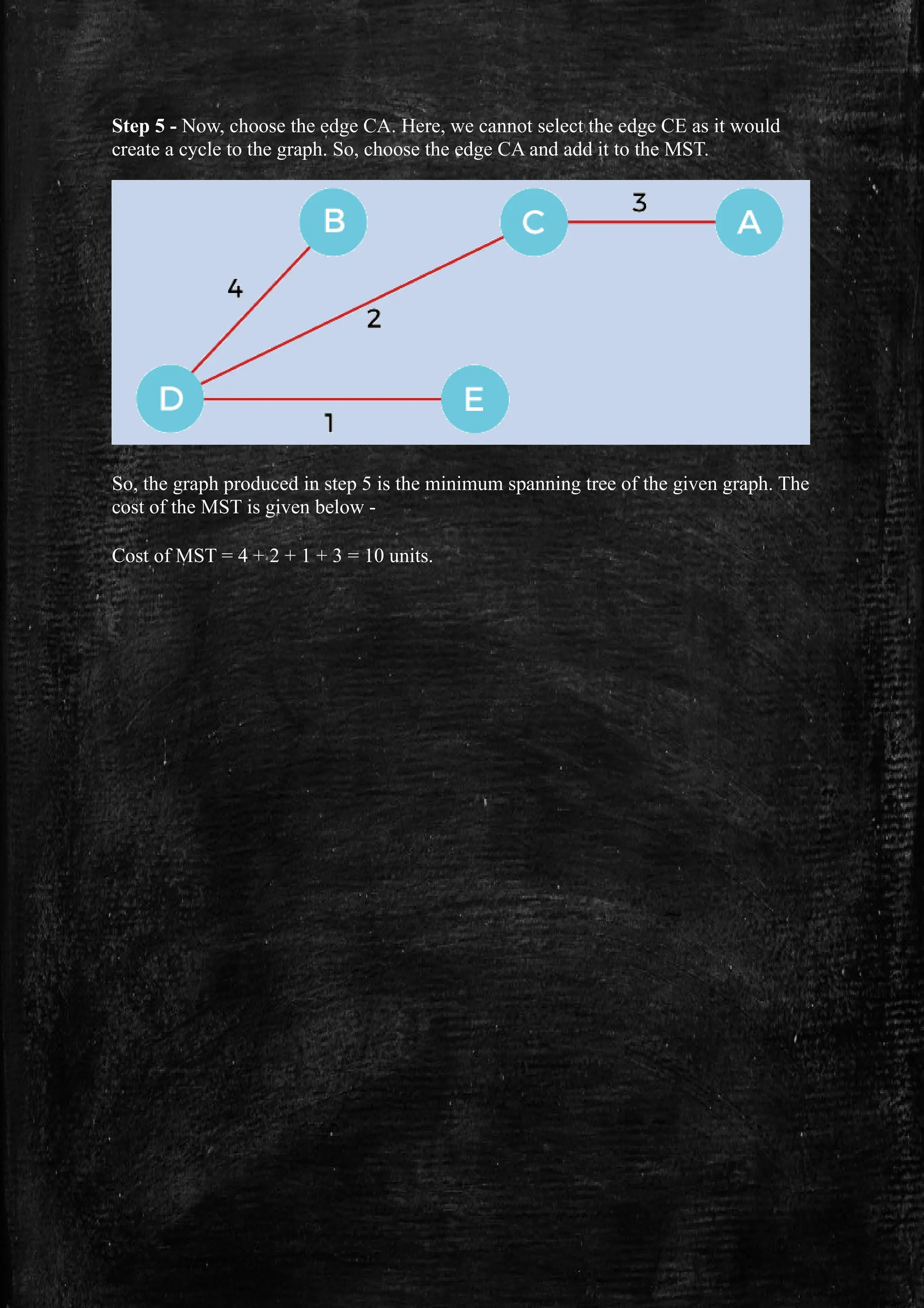 Step 5 - Now, choose the edge CA. Here, we cannot select the edge CE as it would
create a cycle to the graph. So, choose the edge CA and add it to the MST.
So, the graph produced in step 5 is the minimum spanning tree of the given graph. The
cost of the MST is given below -
Cost of MST = 4 + 2 + 1 + 3 = 10 units.
 