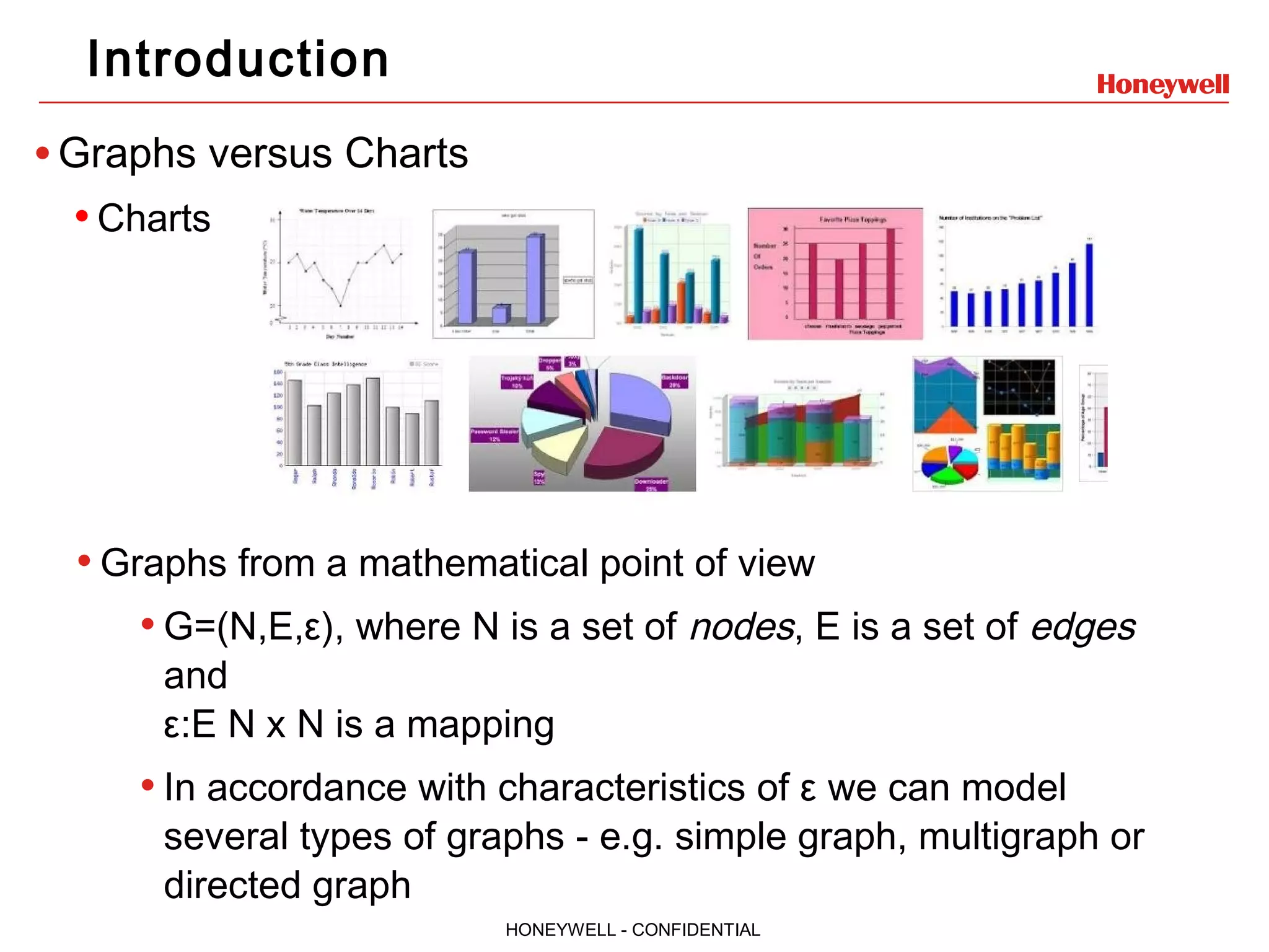 HONEYWELL - CONFIDENTIAL Introduction •Graphs versus Charts • Charts • Graphs from a mathematical point of view • G=(N,E,ε), where N is a set of nodes, E is a set of edges and ε:E N x N is a mapping • In accordance with characteristics of ε we can model several types of graphs - e.g. simple graph, multigraph or directed graph 