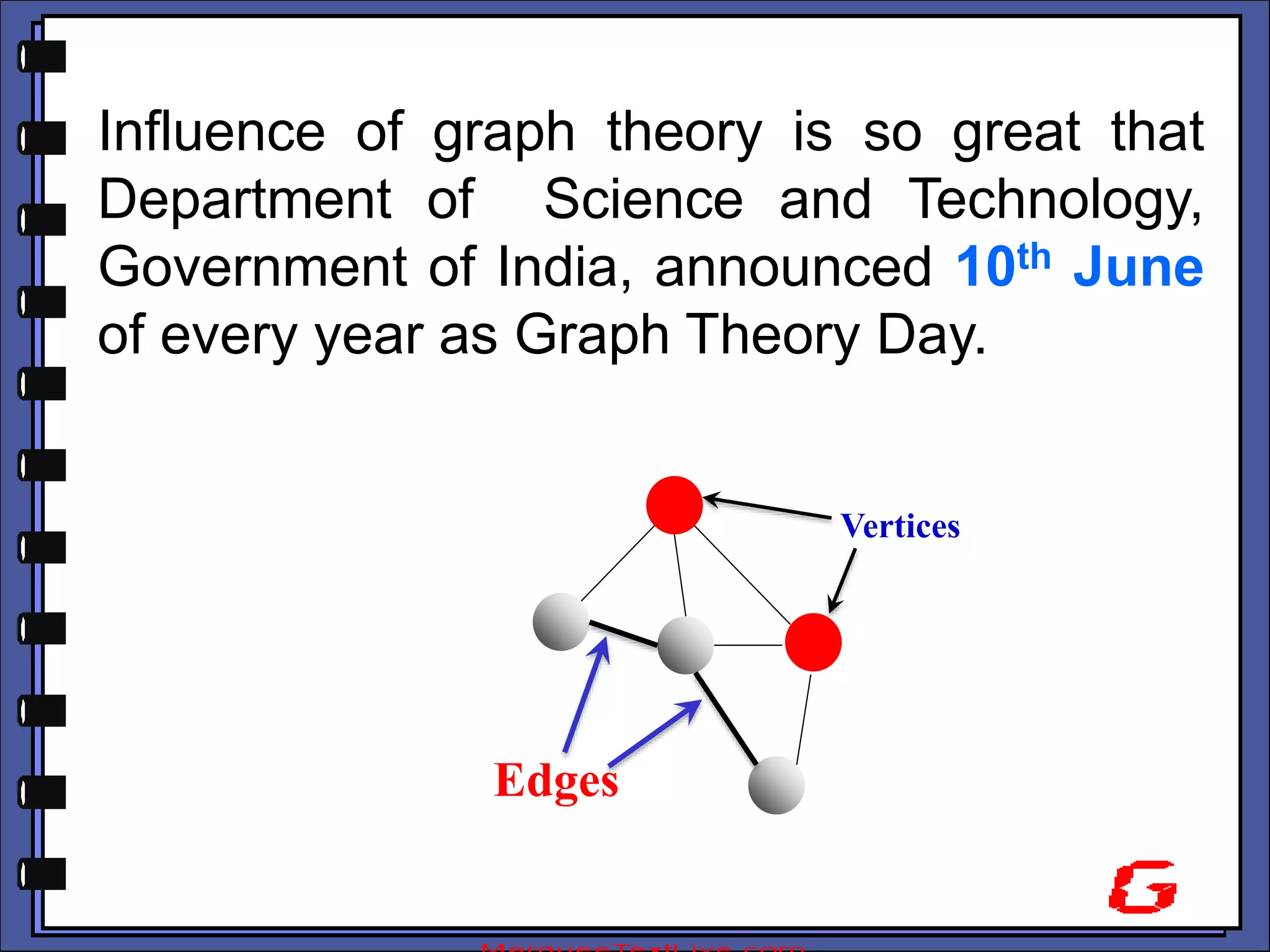 Influence of graph theory is so great that
Department of Science and Technology,
Government of India, announced 10th June
of every year as Graph Theory Day.
Vertices
Edges
 