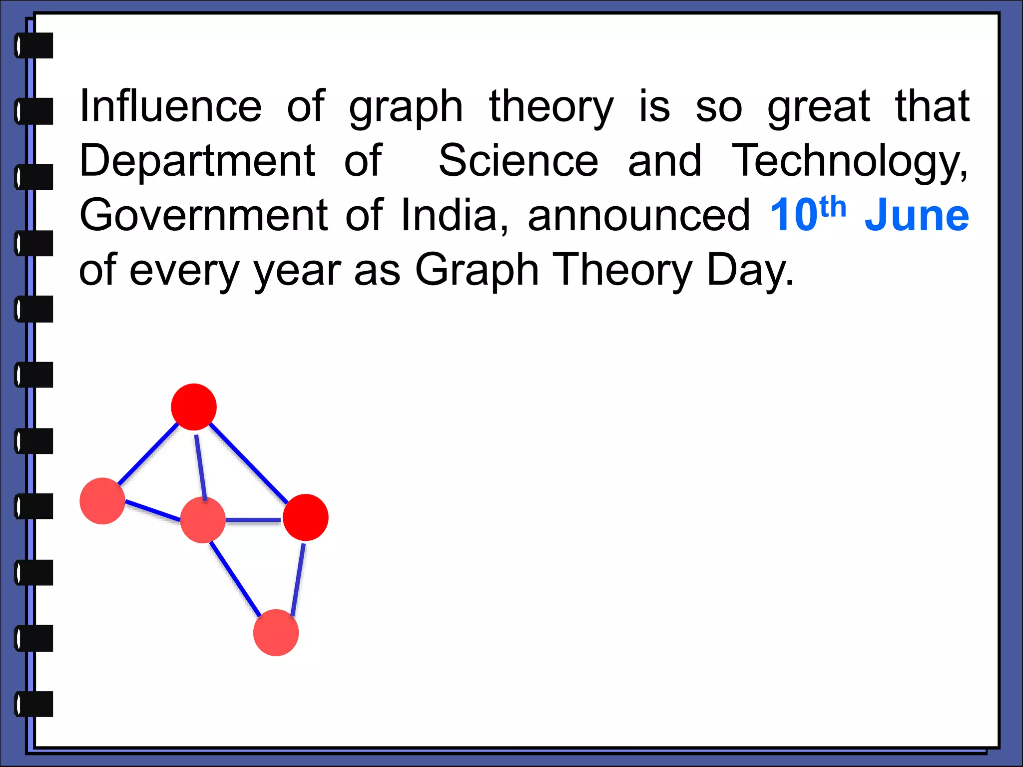 Influence of graph theory is so great that
Department of Science and Technology,
Government of India, announced 10th June
of every year as Graph Theory Day.
 