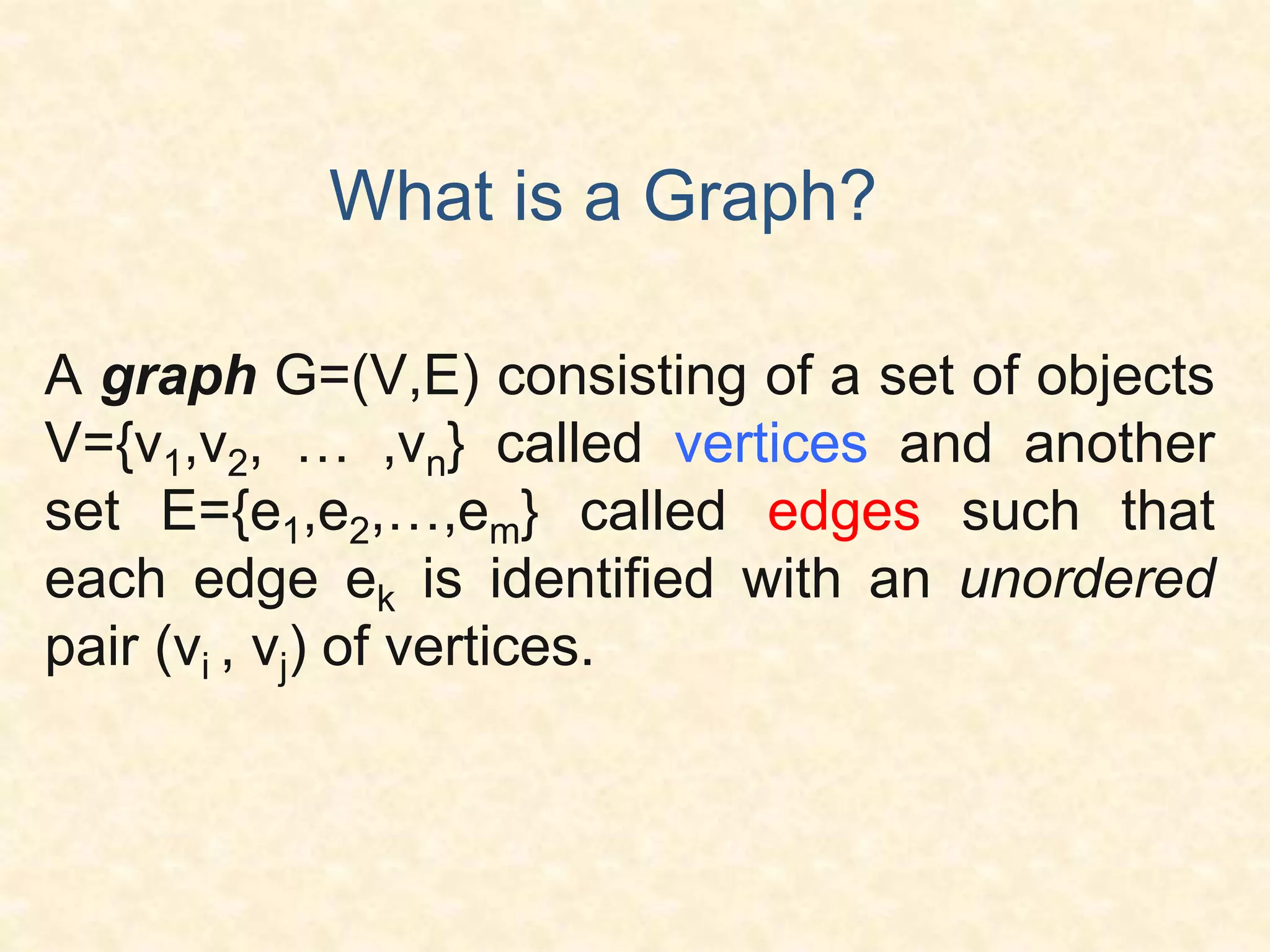 A graph G=(V,E) consisting of a set of objects
V={v1,v2, … ,vn} called vertices and another
set E={e1,e2,…,em} called edges such that
each edge ek is identified with an unordered
pair (vi , vj) of vertices.
What is a Graph?
 
