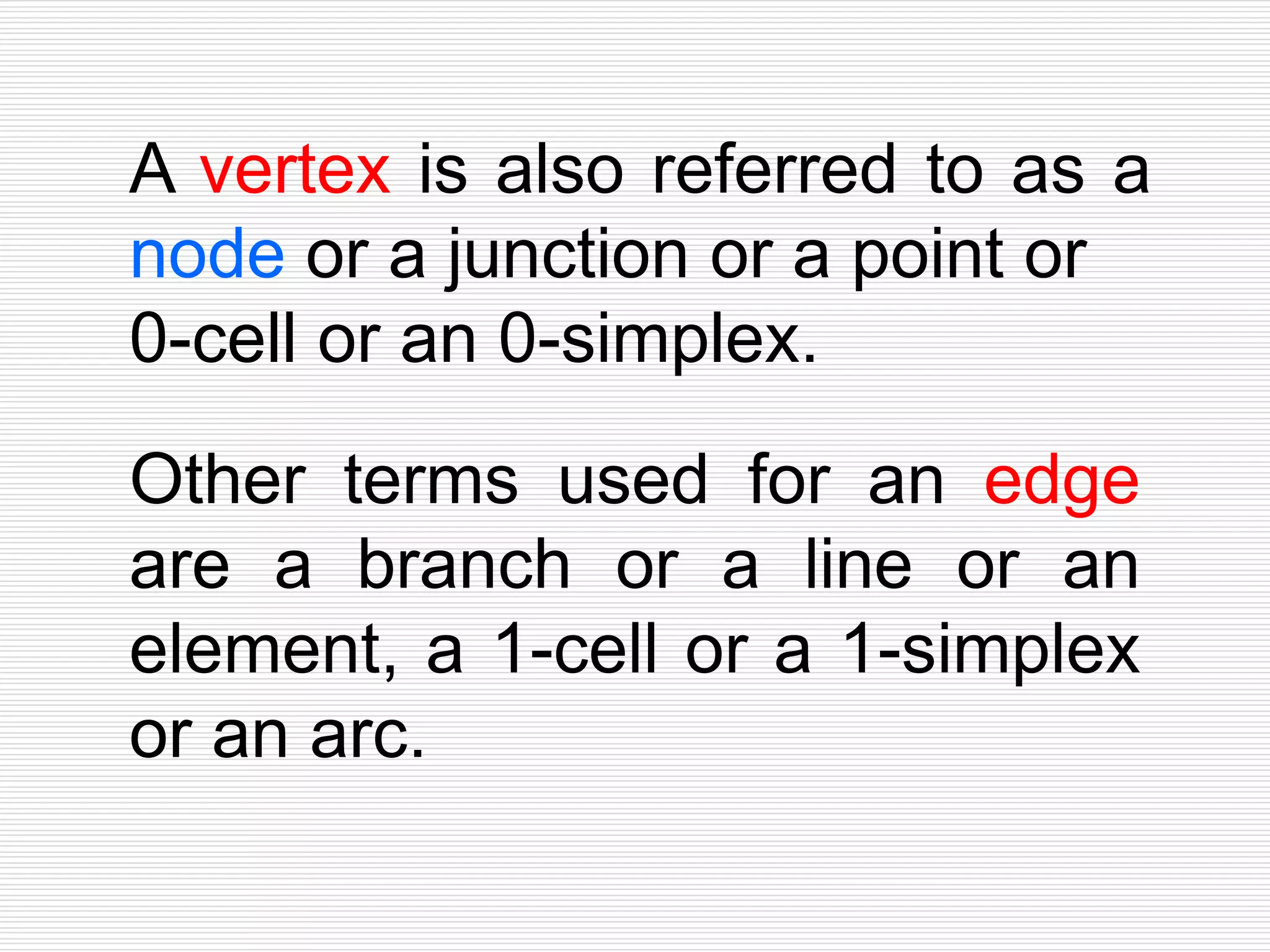 A vertex is also referred to as a
node or a junction or a point or
0-cell or an 0-simplex.
Other terms used for an edge
are a branch or a line or an
element, a 1-cell or a 1-simplex
or an arc.
 