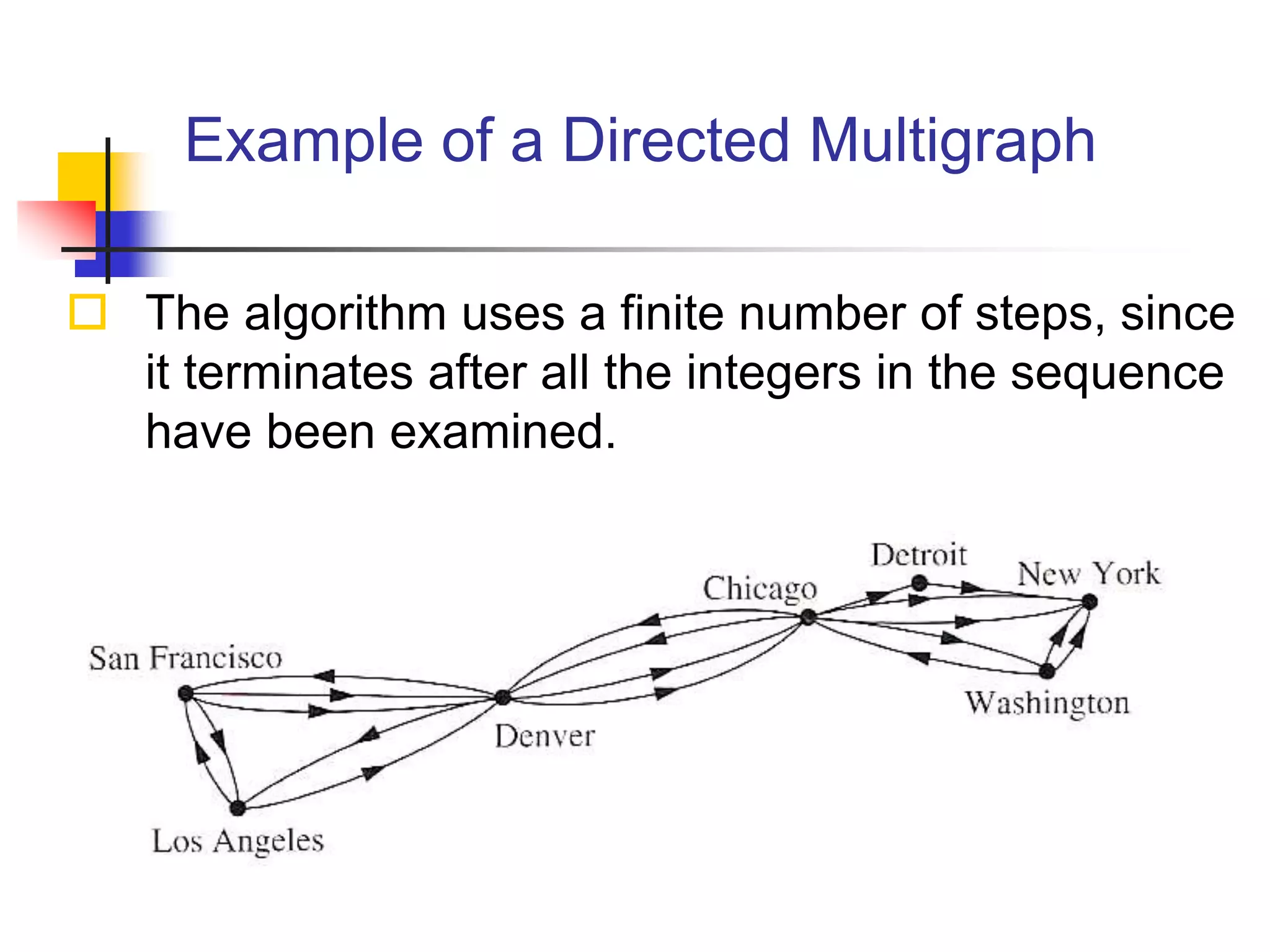 Example of a Directed Multigraph
 The algorithm uses a finite number of steps, since
it terminates after all the integers in the sequence
have been examined.
 