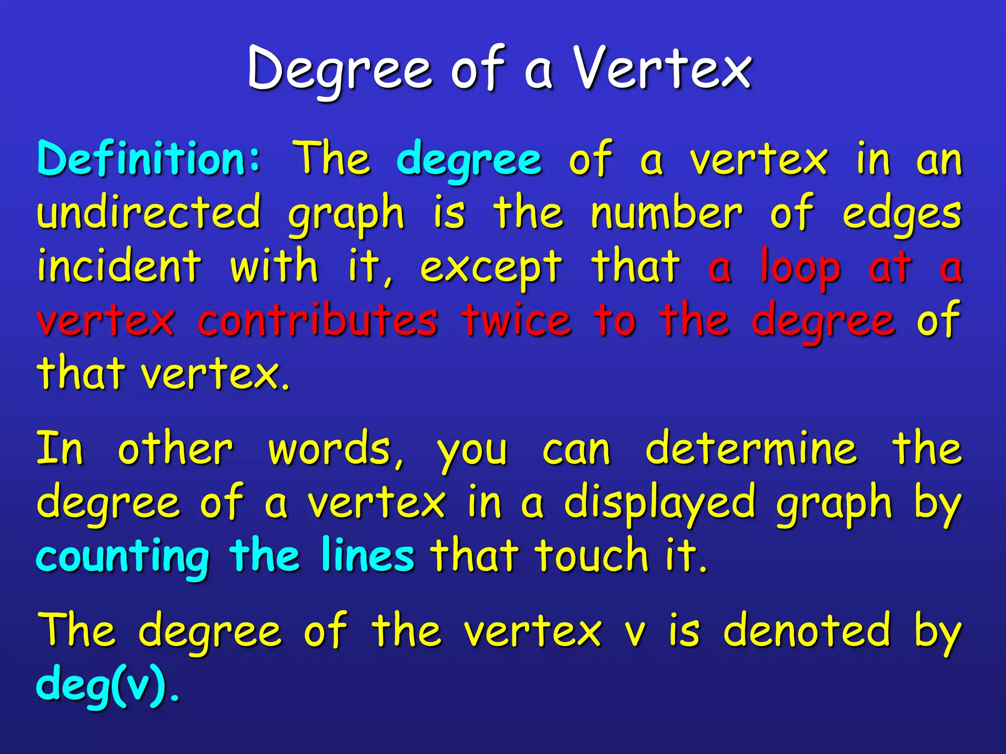 Degree of a Vertex
Definition: The degree of a vertex in an
undirected graph is the number of edges
incident with it, except that a loop at a
vertex contributes twice to the degree of
that vertex.
In other words, you can determine the
degree of a vertex in a displayed graph by
counting the lines that touch it.
The degree of the vertex v is denoted by
deg(v).
 