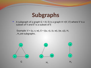 Subgraphs
 A subgraph of a graph G = (V, E) is a graph H =(V’, E’) where V’ is a
subset of V and E’ is a subset of E
Example: V = {u, v, w}, E = ({u, v}, {v, w}, {w, u}}, H1
, H2 are subgraphs .
u
v w
u
u
w
v v
H1
H2
G
 