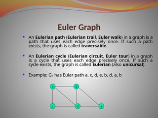 Euler Graph
 An Eulerian path (Eulerian trail, Euler walk) in a graph is a
path that uses each edge precisely once. If such a path
exists, the graph is called traversable.
 An Eulerian cycle (Eulerian circuit, Euler tour) in a graph
is a cycle that uses each edge precisely once. If such a
cycle exists, the graph is called Eulerian (also unicursal).
 Example: G1 has Euler path a, c, d, e, b, d, a, b
a b
c d e
 