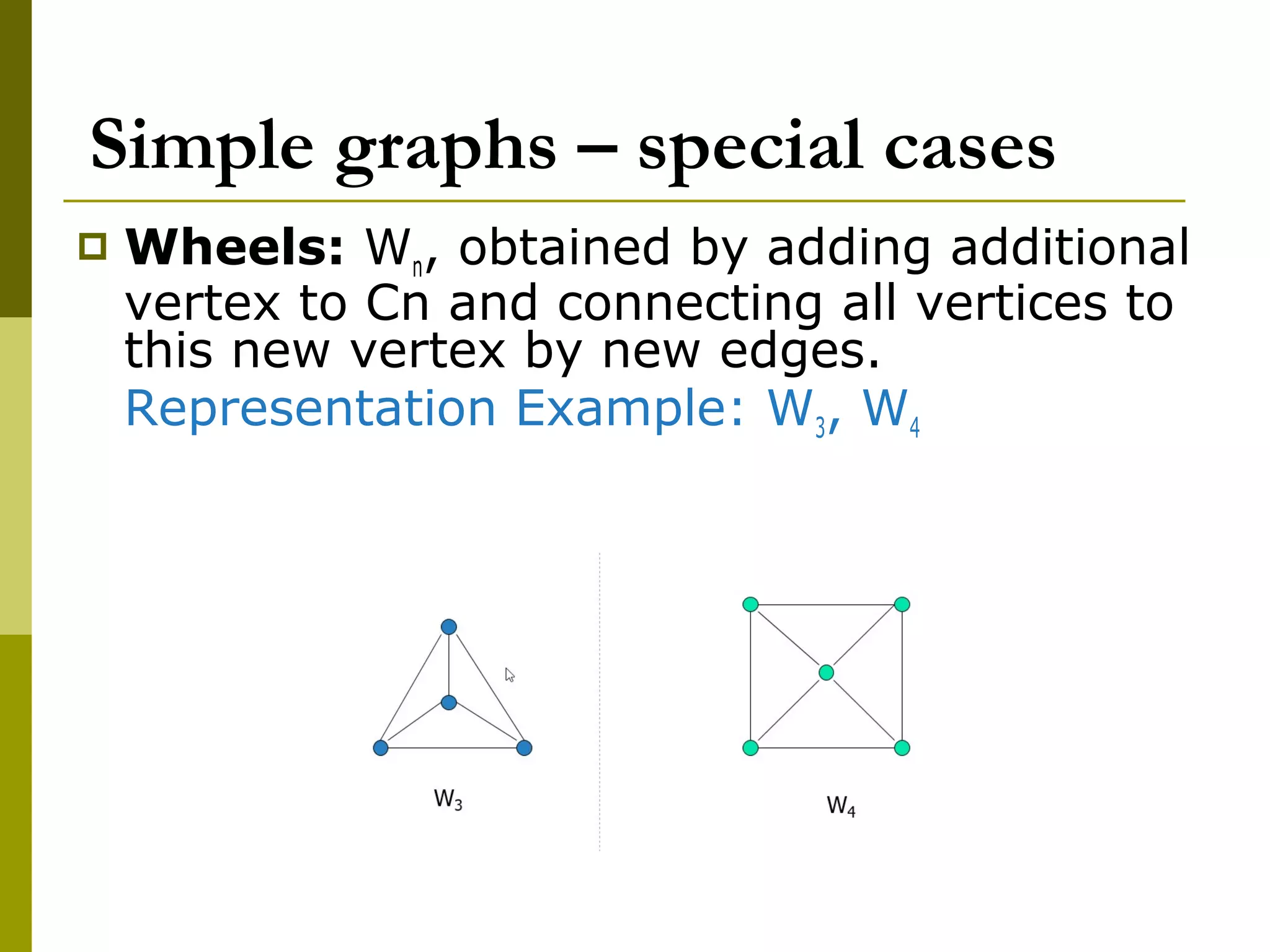 Simple graphs – special cases
 Wheels: Wn, obtained by adding additional
vertex to Cn and connecting all vertices to
this new vertex by new edges.
Representation Example: W3, W4
 