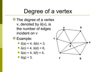 Degree of a vertex
 The degree of a vertex
v, denoted by δ(v), is
the number of edges
incident on v
 Example:
 δ(a) = 4...