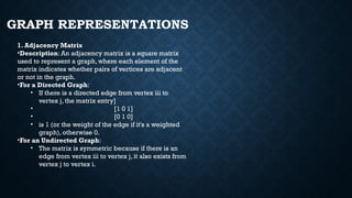 GRAPH REPRESENTATIONS
1. Adjacency Matrix
•Description: An adjacency matrix is a square matrix
used to represent a graph, where each element of the
matrix indicates whether pairs of vertices are adjacent
or not in the graph.
•For a Directed Graph:
• If there is a directed edge from vertex iii to
vertex j, the matrix entry]
• [1 0 1]
• [0 1 0]
• is 1 (or the weight of the edge if it's a weighted
graph), otherwise 0.
•For an Undirected Graph:
• The matrix is symmetric because if there is an
edge from vertex iii to vertex j, it also exists from
vertex j to vertex i.
 