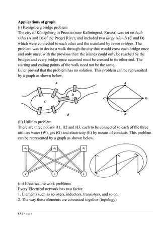 47 | P a g e
Applications of graph.
(i) Konigsberg bridge problem
The city of Königsberg in Prussia (now Kaliningrad, Russia) was set on both
sides (A and B) of the Pregel River, and included two large islands (C and D)
which were connected to each other and the mainland by seven bridges. The
problem was to devise a walk through the city that would cross each bridge once
and only once, with the provisos that: the islands could only be reached by the
bridges and every bridge once accessed must be crossed to its other end. The
starting and ending points of the walk need not be the same.
Euler proved that the problem has no solution. This problem can be represented
by a graph as shown below.
(ii) Utilities problem
There are three houses H1, H2 and H3, each to be connected to each of the three
utilities water (W), gas (G) and electricity (E) by means of conduits. This problem
can be represented by a graph as shown below.
(iii) Electrical network problems
Every Electrical network has two factor.
1. Elements such as resisters, inductors, transistors, and so on.
2. The way these elements are connected together (topology)
 