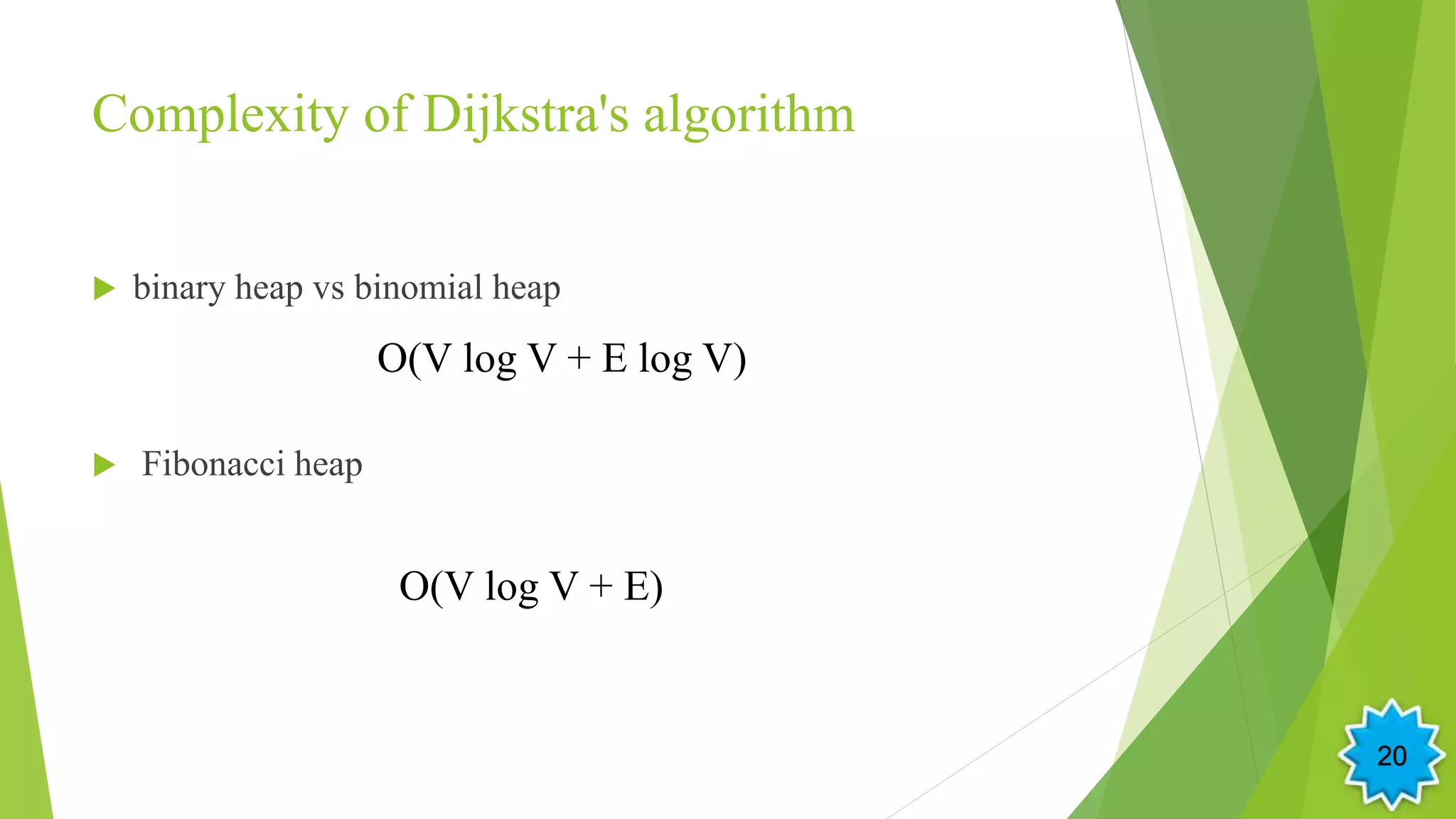 Complexity of Dijkstra's algorithm
 binary heap vs binomial heap
 Fibonacci heap
O(V log V + E log V)
O(V log V + E)
20
 