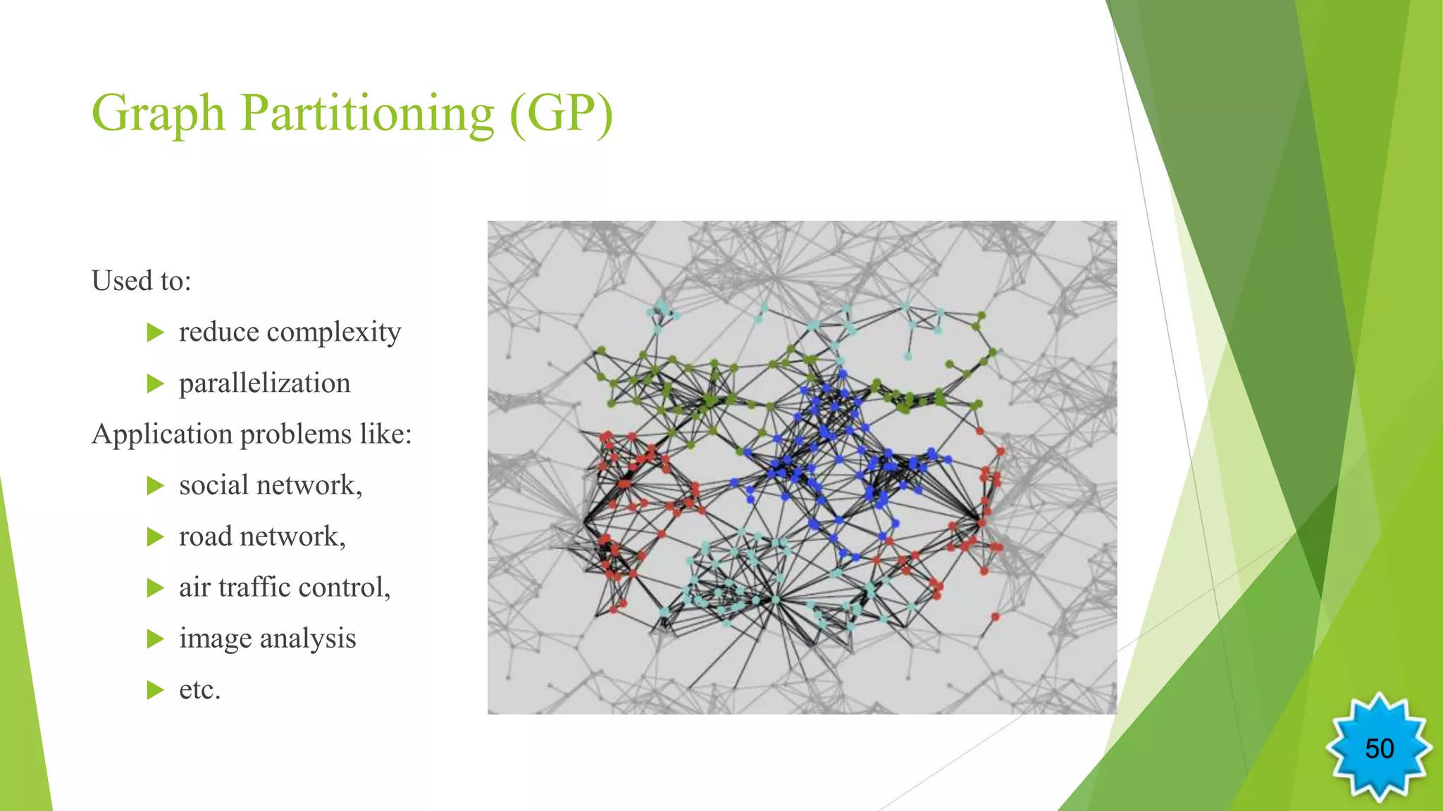 Graph Partitioning (GP)
Used to:
 reduce complexity
 parallelization
Application problems like:
 social network,
 road network,
 air traffic control,
 image analysis
 etc.
50
 