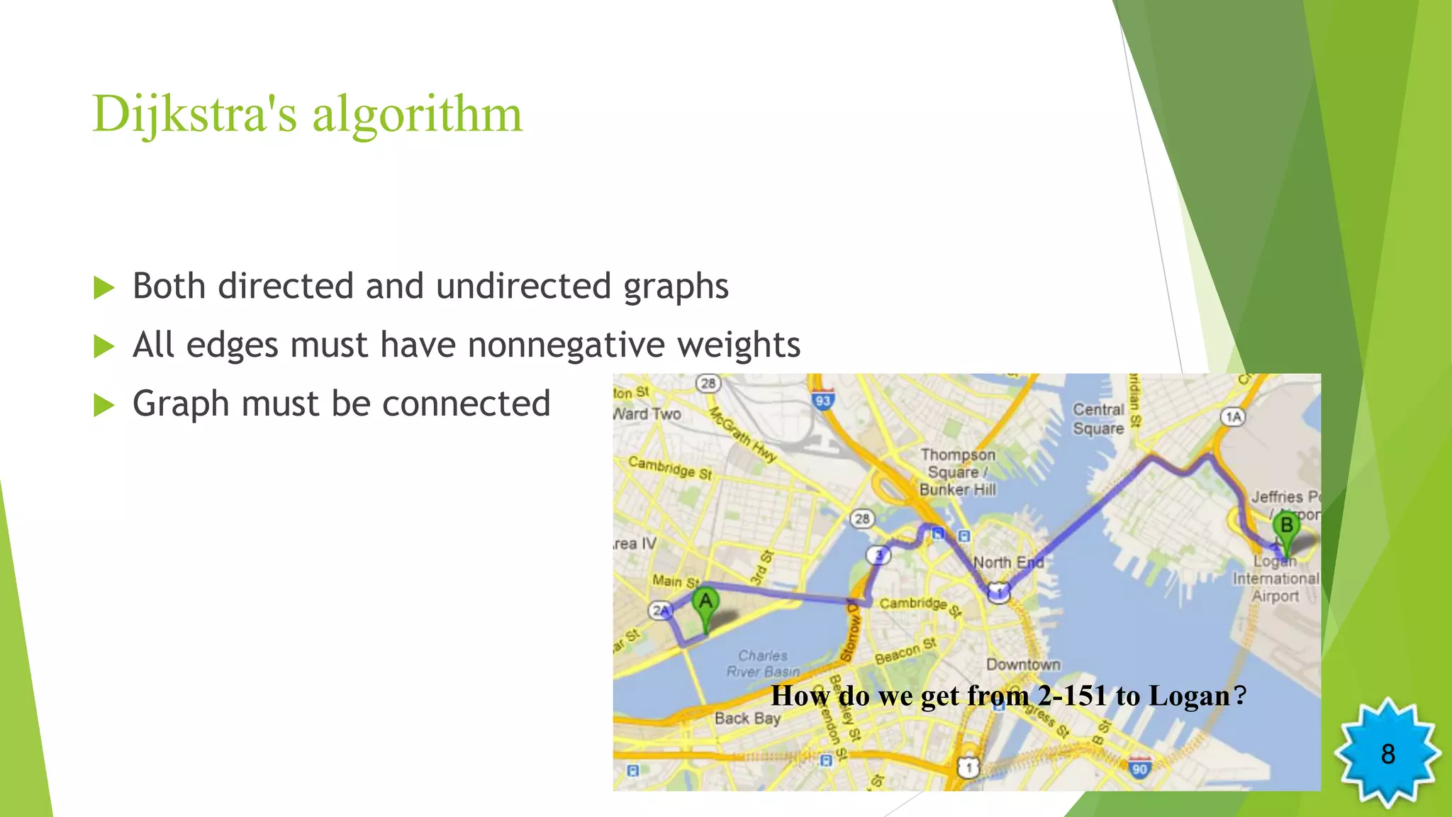 Dijkstra's algorithm
 Both directed and undirected graphs
 All edges must have nonnegative weights
 Graph must be connected
How do we get from 2-151 to Logan?
8
 