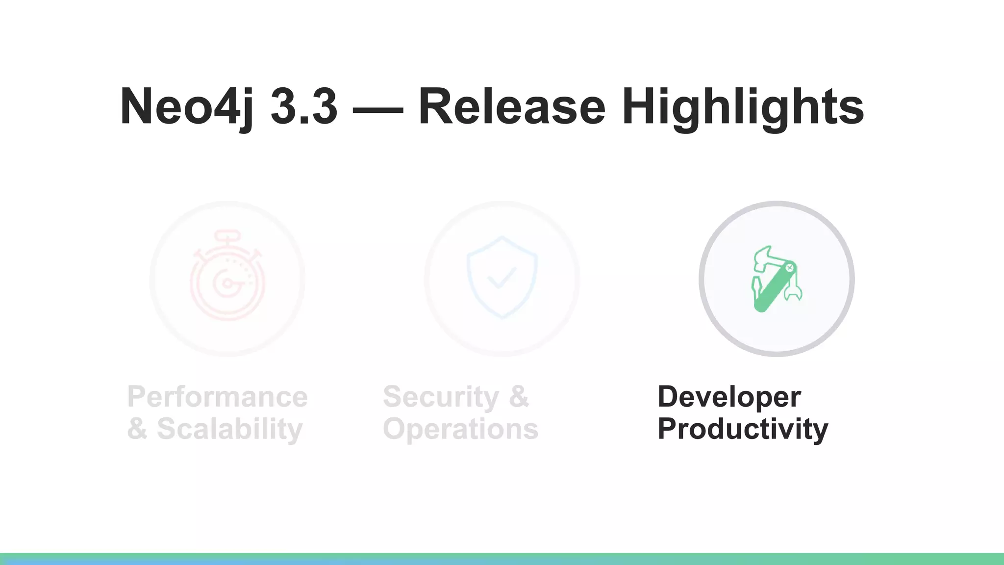Neo4j 3.3 — Release Highlights
Performance
& Scalability
Security &
Operations
Developer
Productivity
 