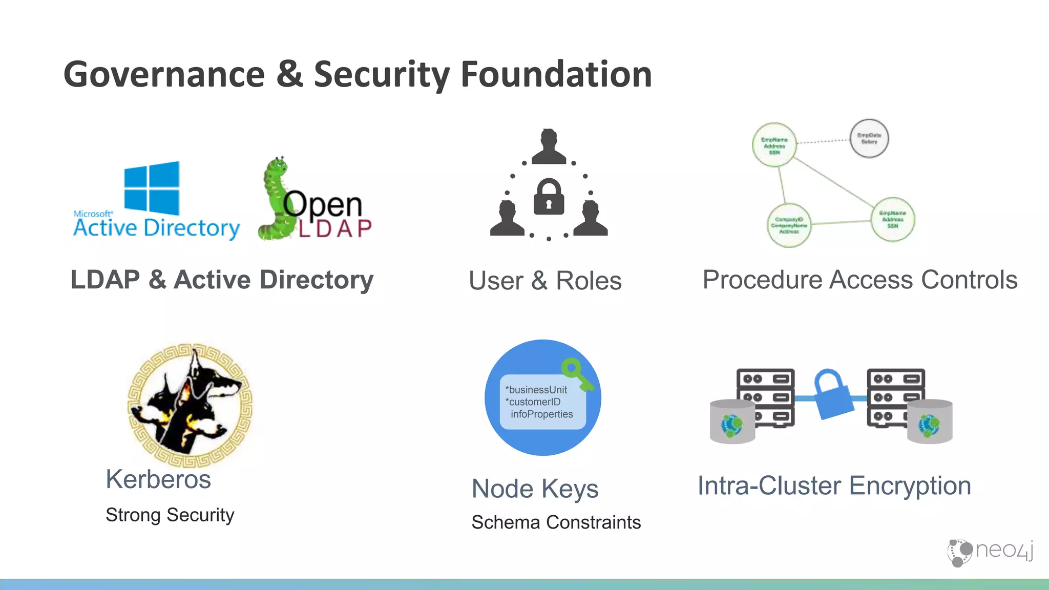LDAP & Active Directory User & Roles Procedure Access Controls
Governance & Security Foundation
Kerberos
Strong Security
Intra-Cluster Encryption
*businessUnit
*customerID
infoProperties
Node Keys
Schema Constraints
 
