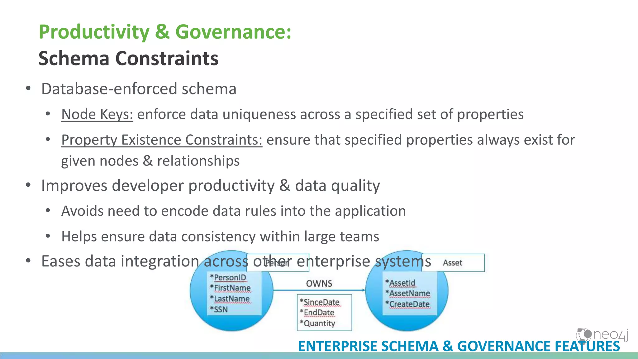 Productivity & Governance:
Schema Constraints
• Database-enforced schema
• Node Keys: enforce data uniqueness across a specified set of properties
• Property Existence Constraints: ensure that specified properties always exist for
given nodes & relationships
• Improves developer productivity & data quality
• Avoids need to encode data rules into the application
• Helps ensure data consistency within large teams
• Eases data integration across other enterprise systems
ENTERPRISE SCHEMA & GOVERNANCE FEATURES
 