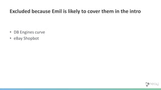 • DB Engines curve
• eBay Shopbot
Excluded because Emil is likely to cover them in the intro
 