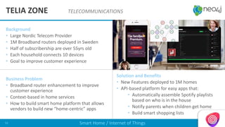 Background
• Large Nordic Telecom Provider
• 1M Broadband routers deployed in Sweden
• Half of subscribership are over 55yrs old
• Each household connects 10 devices
• Goal to improve customer experience
Business Problem
• Broadband router enhancement to improve
customer experience
• Context-based in home services
• How to build smart home platform that allows
vendors to build new “home-centric” apps
Solution and Benefits
• New Features deployed to 1M homes
• API-based platform for easy apps that:
• Automatically assemble Spotify playlists
based on who is in the house
• Notify parents when children get home
• Build smart shopping lists
TELIA ZONE TELECOMMUNICATIONS
Smart Home / Internet of Things51
EE Customer since 2016 Q4
 