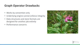 • Works by convention only
• Underlying engine cannot enforce integrity
• Data structures and store formats are
designed for another job entirely
• Performance concerns
Graph Operator Drawbacks
 