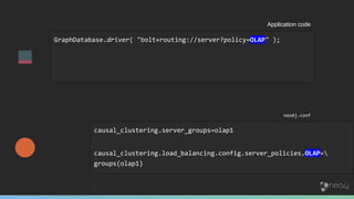 causal_clustering.server_groups=olap1
causal_clustering.load_balancing.config.server_policies.OLAP=
groups(olap1)
Application code
neo4j.conf
GraphDatabase.driver( "bolt+routing://server?policy=OLAP" );
 