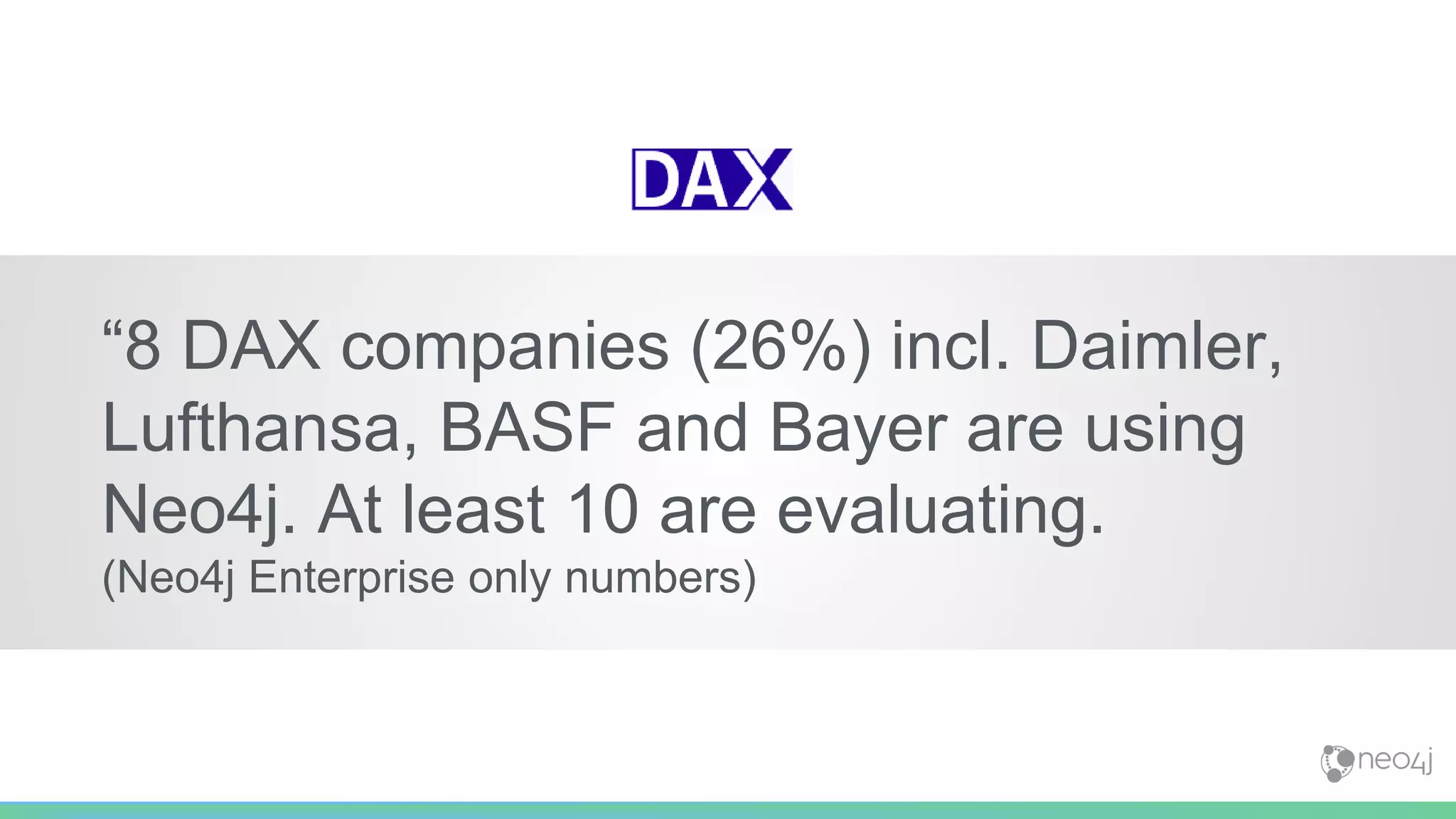 “8 DAX companies (26%) incl. Daimler,
Lufthansa, BASF and Bayer are using
Neo4j. At least 10 are evaluating.
(Neo4j Enterprise only numbers)
 