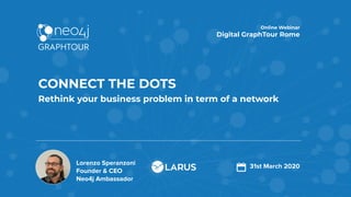 Lorenzo Speranzoni
Founder & CEO
Neo4j Ambassador
CONNECT THE DOTS
Rethink your business problem in term of a network
Online Webinar
Digital GraphTour Rome
31st March 2020
 