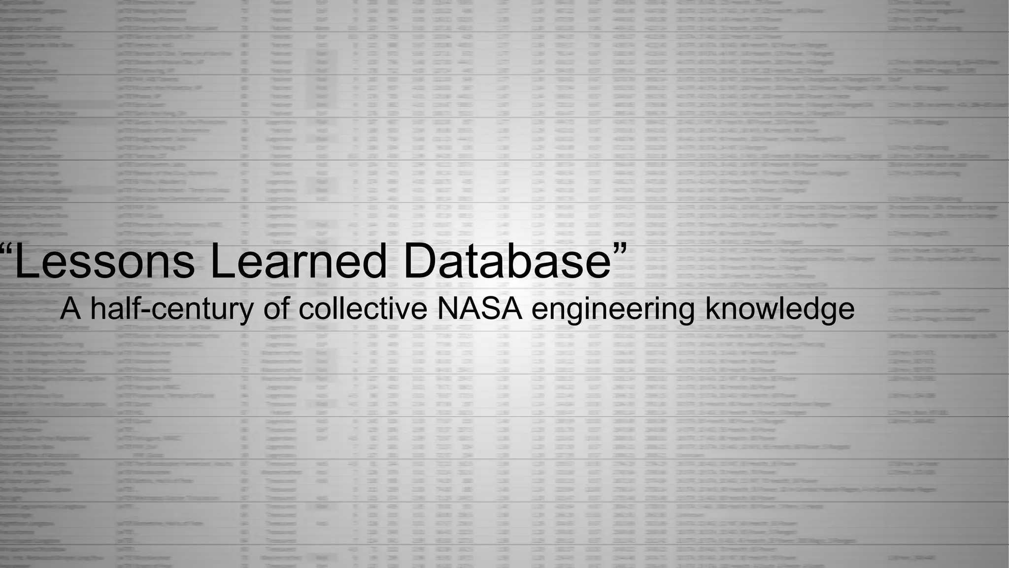 “Lessons Learned Database”
A half-century of collective NASA engineering knowledge
 