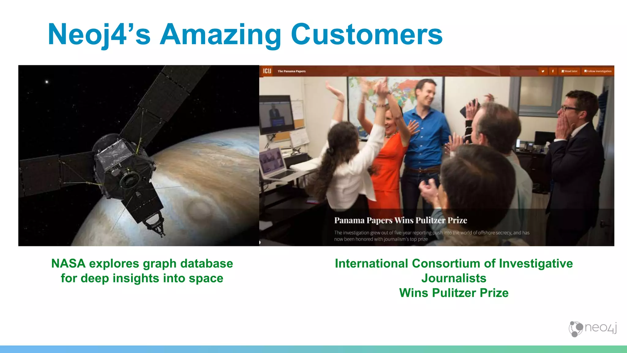 Neoj4’s Amazing Customers
NASA explores graph database
for deep insights into space
International Consortium of Investigative
Journalists
Wins Pulitzer Prize
 