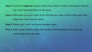 Step 3: Visit all the adjacent vertices of the vertex which is at front of the queue which is
not visited and insert them into the queue.
Step 4: When there is no new vertex to be visit from the vertex at front of the queue then
delete that vertex from the queue.
Step 5: Repeat step 3 and 4 until queue becomes empty.
Step 6: When queue becomes empty, then produce final spanning tree by removing
unused edges from the graph.
 