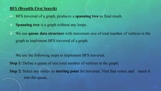 BFS (Breadth First Search)
 BFS traversal of a graph, produces a spanning tree as final result.
 Spanning tree is a graph without any loops.
 We use queue data structure with maximum size of total number of vertices in the
graph to implement BFS traversal of a graph.
We use the following steps to implement BFS traversal.
Step 1: Define a queue of size total number of vertices in the graph.
Step 2: Select any vertex as starting point for traversal. Visit that vertex and insert it
into the queue.
 